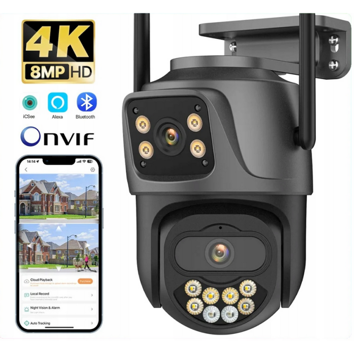 PODWÓJNA KAMERA WIFI 4K 8MPX PTZ Onvif ICSee ZEWNĘTRZNA OBROTOWA ALARM