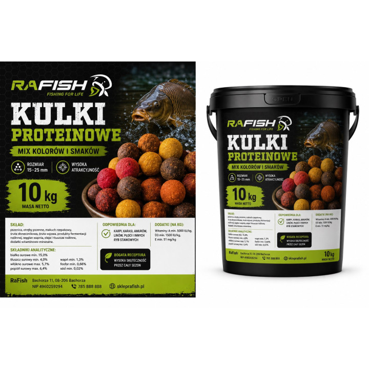 10 KG KULKI PROTEINOWE RAFISH WYPRZEDAŻ W WIADERKU MIX KOLORÓW I ROZMIARÓW ( 7 SMAKÓW DO WYBORU)